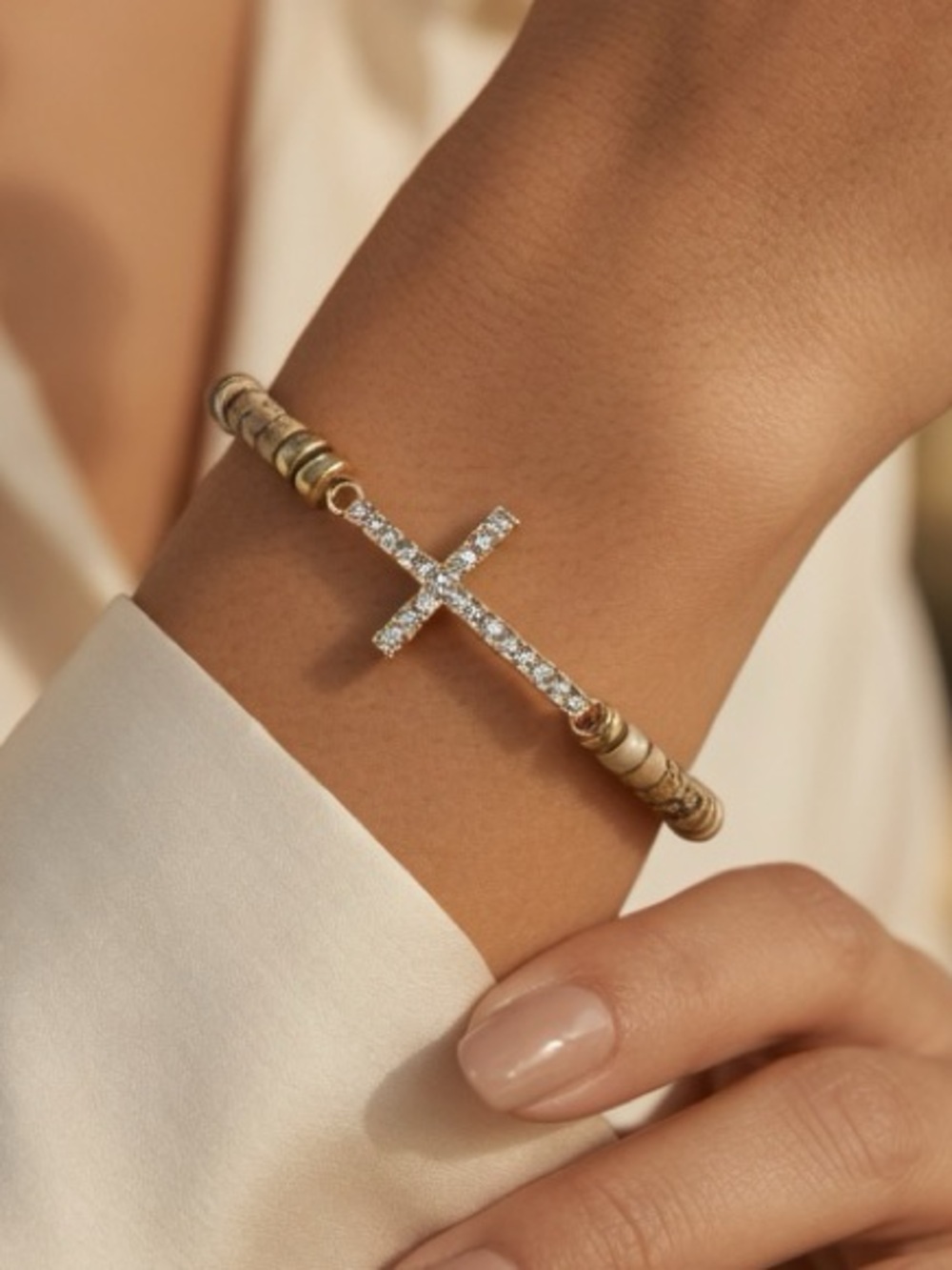 Rhinestone Cross and Heishi Picture Jasper Bracelet Size 6
